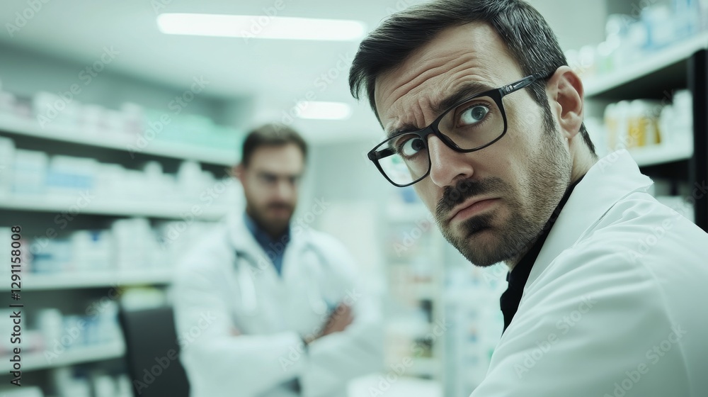 Thief alert in a pharmacy, with employees noticing suspicious behavior. Featuring rapid response and pharmacy protection Thief alert in a pharmacy, with employees noticing suspicious behavior. Featuring rapid response and pharmacy protection