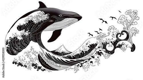 Obraz na płótnie Powerful and graceful of a majestic whale breaching the surface of the ocean depicted in a high contrast ink line style with dynamic wave textures and dramatic stylized movement w salonie