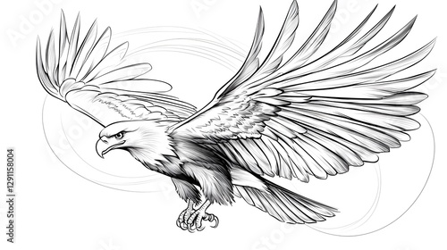 Powerful and majestic eagle soaring high with its wings fully extended captured in a classic pen and ink technique that showcases the intricate details of its feathers and bold