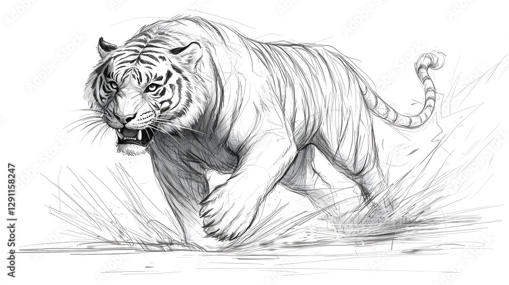 Powerful and Muscular Tiger Prowling Through the Lush Jungle Foliage Depicted in a Dramatic Traditional Cross Hatched Ink Style