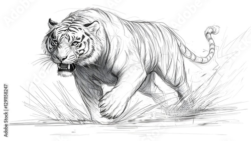 Obraz na płótnie Powerful and Muscular Tiger Prowling Through the Lush Jungle Foliage Depicted in a Dramatic Traditional Cross Hatched Ink Style w salonie