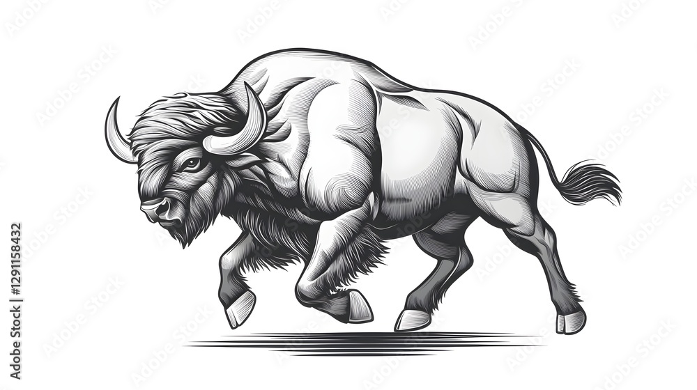 Powerful bison charging across the prairie captured in a dynamic vintage Western engraving style with bold dramatic strokes