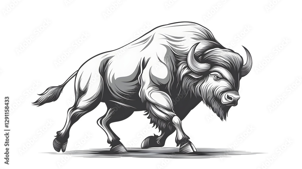 Powerful bison charging through the prairie captured in a vintage Western engraving inspired style with bold dynamic strokes that convey the animal s strength