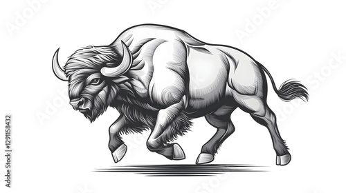 Powerful bison charging across the prairie captured in a dynamic vintage Western engraving style with bold dramatic strokes