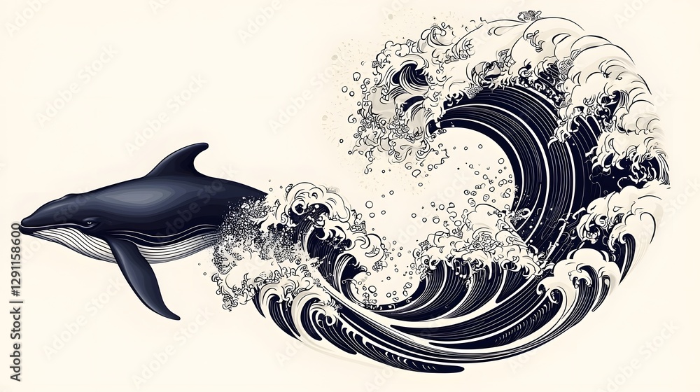 Powerful depicting a whale breaching the ocean surface captured in a high contrast ink line style with dynamic wave textures and dramatic visuals