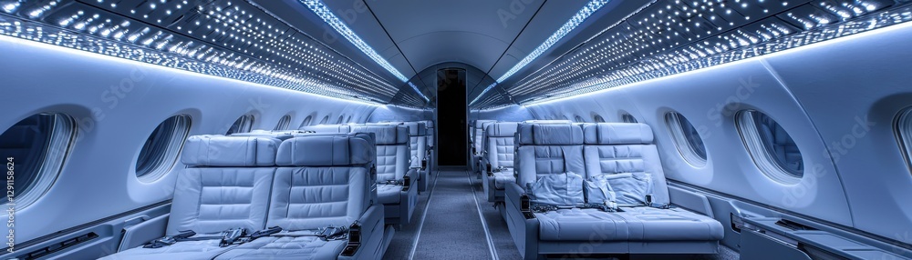 Fototapeta premium Interior of a modern airplane showcasing sleek seats and contemporary lighting.