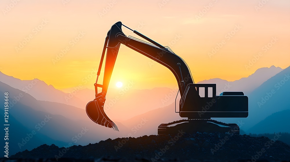 Powerful Excavator Silhouette in Action against Dramatic Mountain Landscape and Vibrant Sunset Sky Construction Equipment Machinery on Building or Mining Site