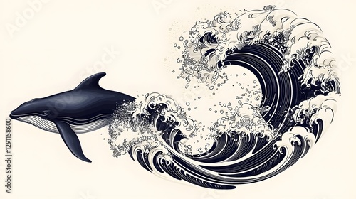 Obraz na płótnie Powerful depicting a whale breaching the ocean surface captured in a high contrast ink line style with dynamic wave textures and dramatic visuals w salonie