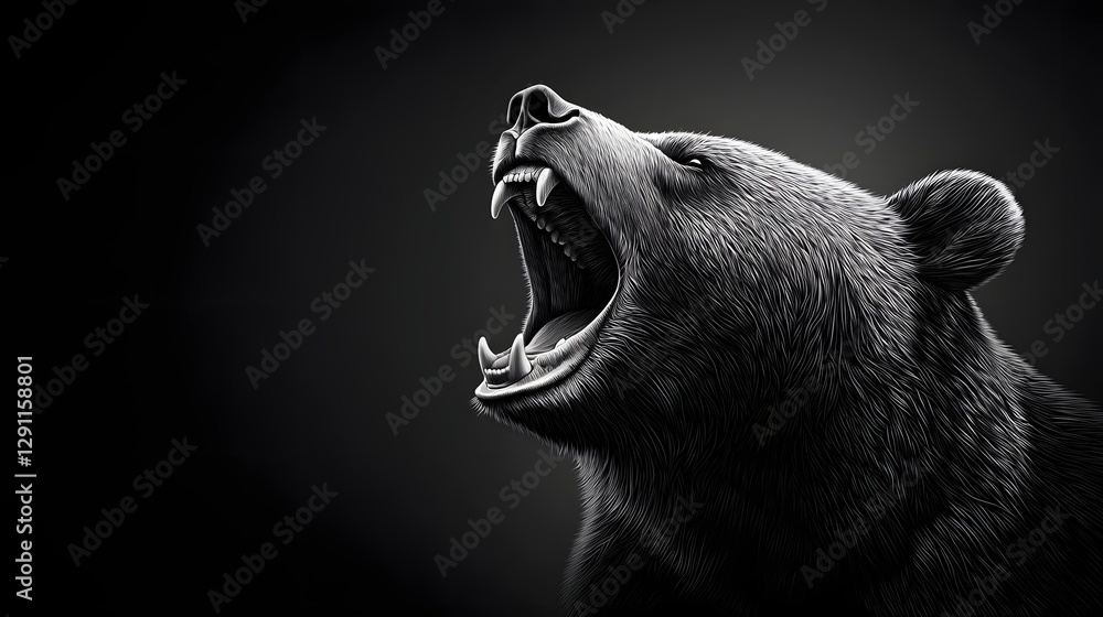 Powerful grizzly bear captured in an intense high contrast scratchboard The bear s fierce snarl sharp fangs and aggressive posture convey its raw primal strength and untamed nature