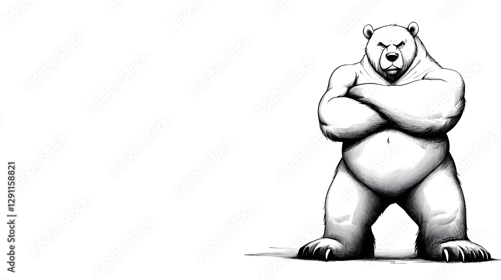 Powerful Grizzly Bear Illustrated in a Bold Dramatic Black and White Ink Composition Standing on Its Hind Legs in a Commanding Pose Amidst Its Natural Forest Habitat