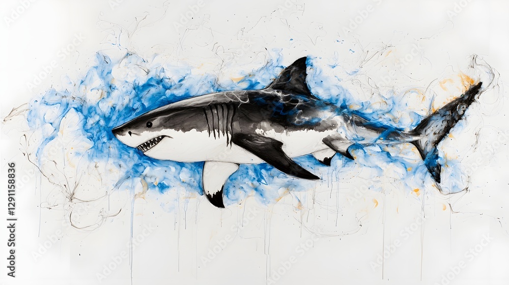 Powerful great white shark emerging from the depths in a bold black and white ink This dynamic and striking artwork captures the raw power and aggression of this apex predator of the sea