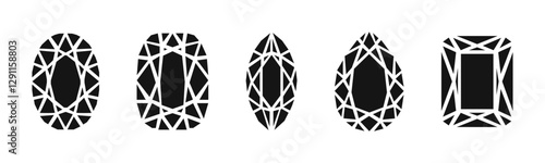 Black Gemstone Vector Silhouettes with Geometric Cuts