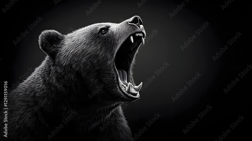 Powerful Grizzly Bear Roaring with Fierce Intensity in a High Contrast Scratchboard