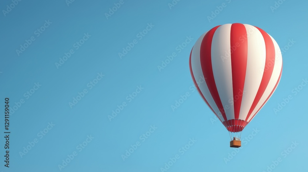 Fototapeta premium A vibrant hot air balloon with red and white stripes floats peacefully against a clear blue sky.