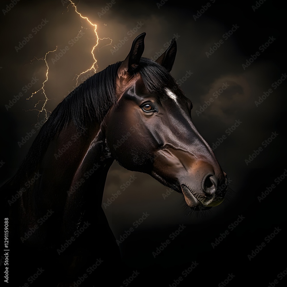 Powerful horse stands resolute its muscular form illuminated by the intense chiaroscuro lighting of a thunderous storm Shadows and highlights create a dramatic moody atmosphere