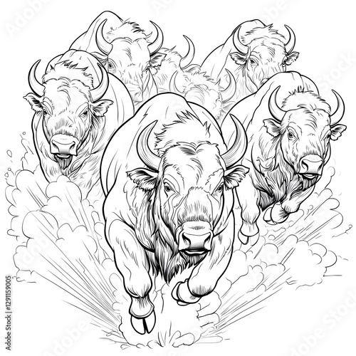 Obraz na płótnie Powerful herd of bison charging through a dusty prairie in a bold dynamic ink highlighting their rugged energy and raw force in motion w salonie