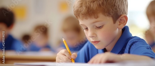 focused boy writing in class