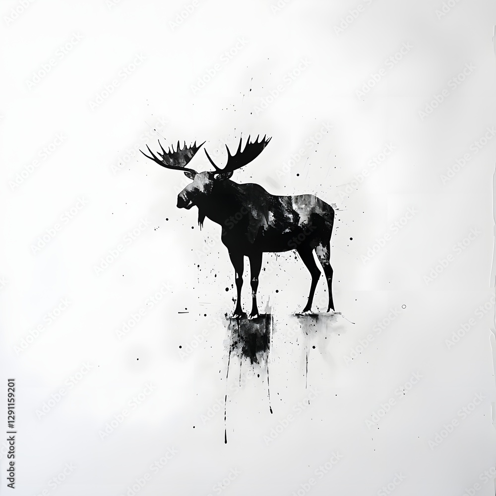 Powerful silhouette of a majestic moose standing proudly in a serene minimalist winter landscape depicted in a traditional woodblock print inspired style with a focus on the massive striking antlers