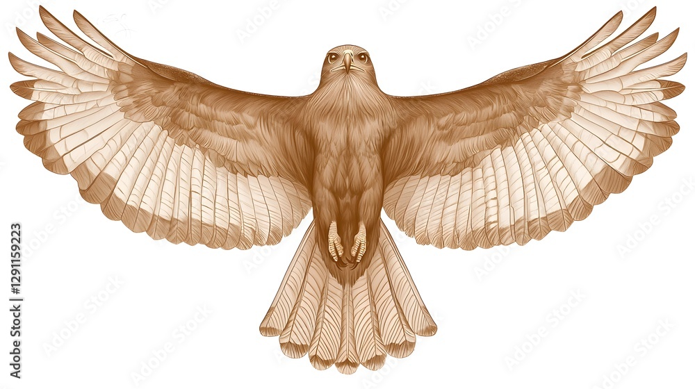 Powerful majestic eagle soaring gracefully with its wings fully extended captured in a classic pen and ink that showcases the intricate details of its feathers and the dynamic nature of its flight