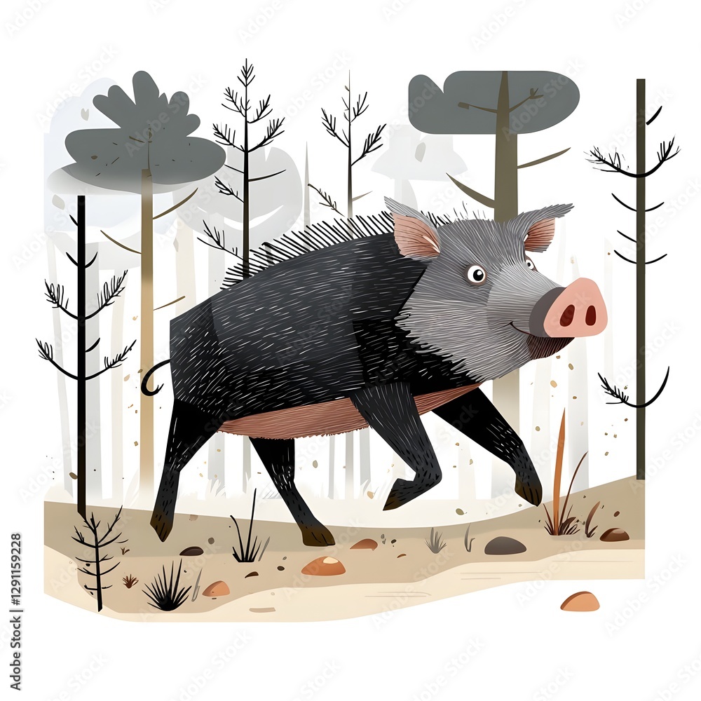 Powerful wild boar charging through a muddy rustic forest setting captured in a bold woodcut style with a striking graphic