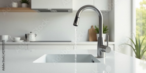 Modern kitchen faucet with flowing water, minimalist design, clean lines, bright lighting, pristine countertop, sleek metallic finish, simple elegance, contemporary style, home improvement