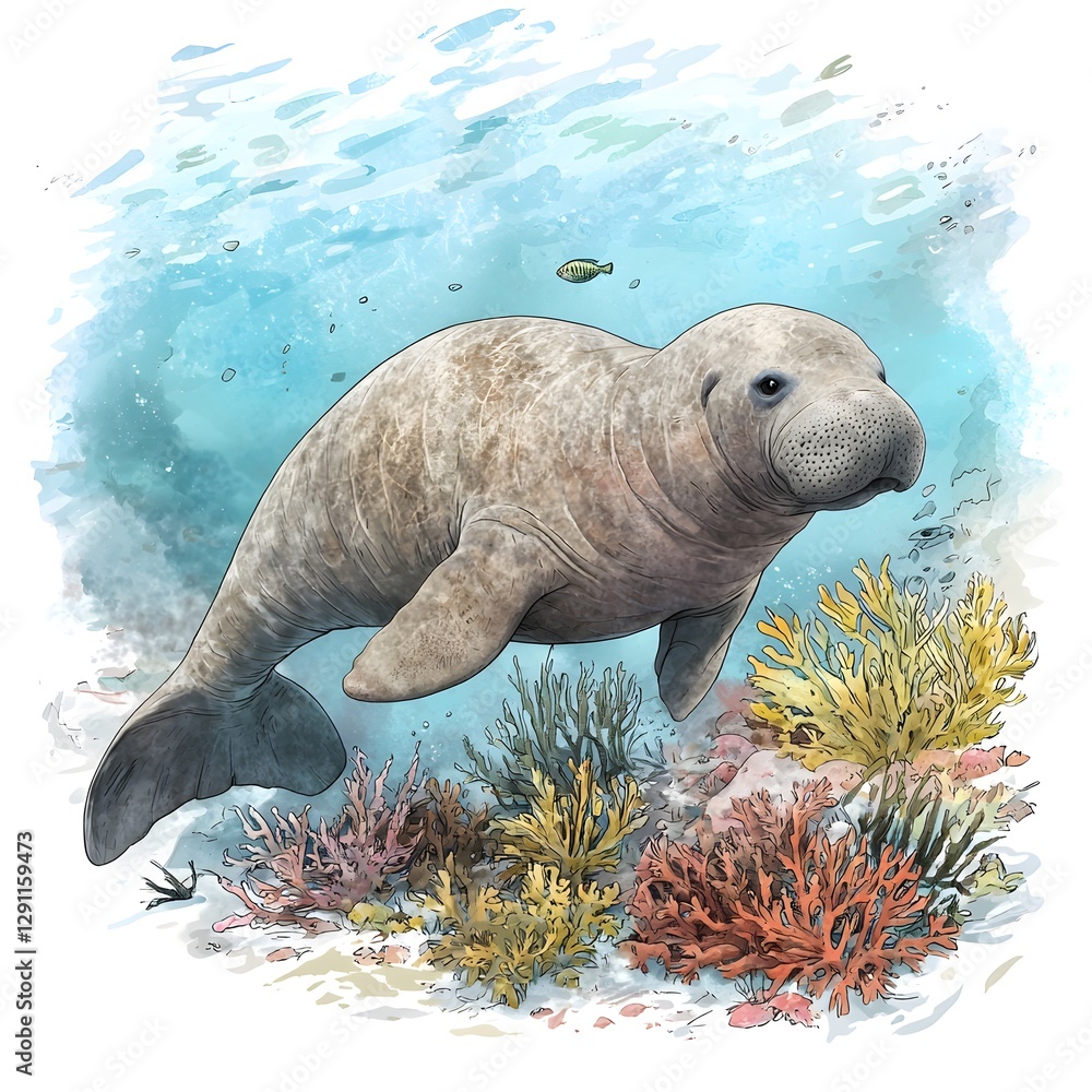 Serene Dugong Gliding Through Underwater Coral Reef Scene Soft Ink Wash Depicting the Graceful Movement of a Marine Mammal in the Ocean Depths