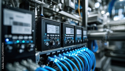 Obraz na płótnie Industrial Automation: Control System Network with Blue Cables and Digital Displays, Efficiently Monitoring Processes. w salonie