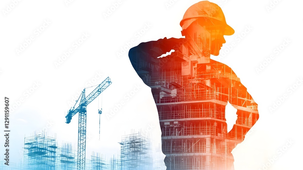 Silhouetted construction worker standing in the foreground overseeing the electrical systems and wiring on a bustling construction site The image is dominated by electric blue tones