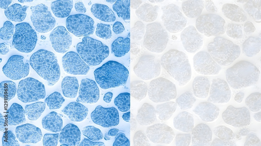 Side by side microscopic comparison of healthy cells and cells infected with cocci bacteria with natural light emphasizing the structural contrast in a medium shot