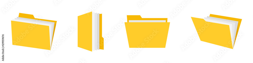 Yellow File Folder Vector Icon Set with Papers Yellow File Folder Vector Icon Set with Papers