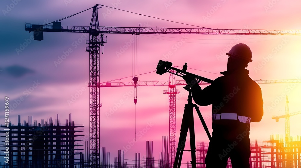 Silhouetted land surveyor holding surveying equipment and tools against a backdrop of a construction cityscape at sunset