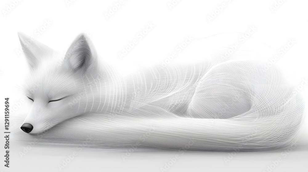 Sleeping Fox Curled into a Cozy Ball with a Delicate Cross Hatching Technique for a Soft Ethereal Effect Peaceful Serene Wildlife Animal in Monochrome Grayscale