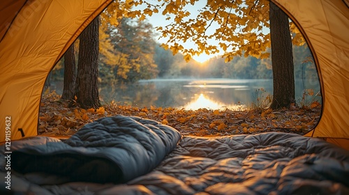 Autumn camping view from tent, sunrise over lake