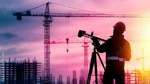Obraz na płótnie Silhouetted land surveyor holding surveying equipment and tools against a backdrop of a construction cityscape at sunset w salonie
