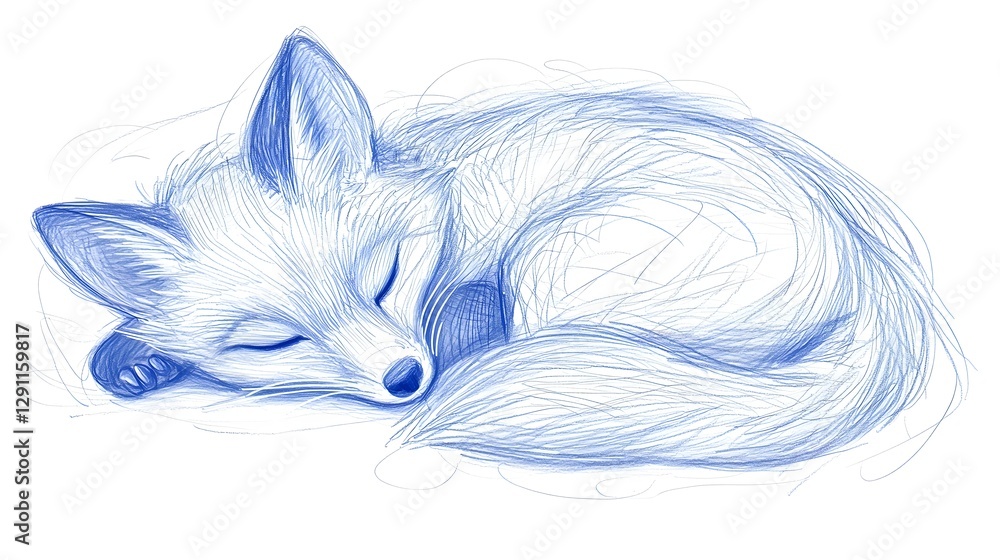 Sleeping Fox Curled into a Soft Cozy Ball with Delicate Cross Hatching Technique A Peaceful Captivating Wildlife with a Serene Soothing Atmosphere