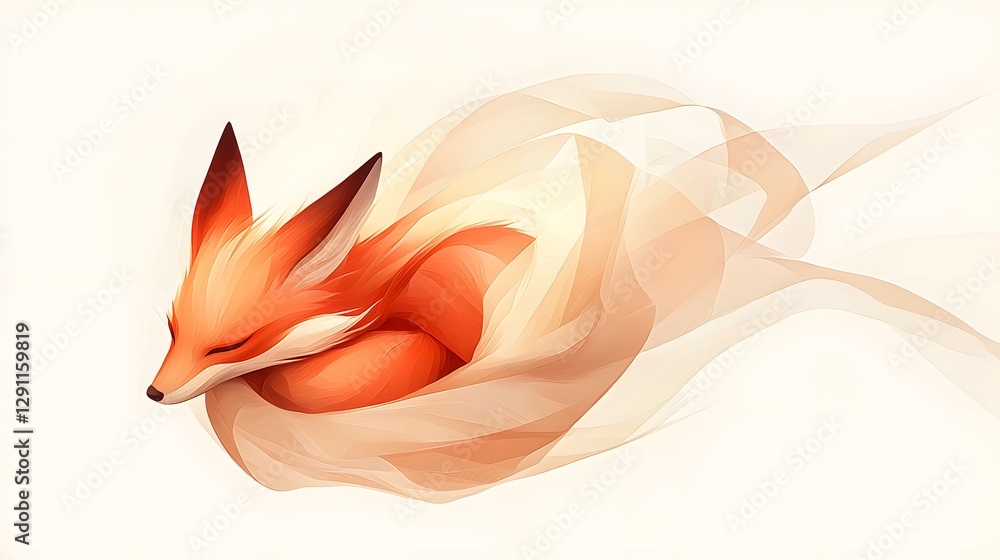 Sleeping Fox Curled into a Cozy Ball with Delicate Cross Hatching Texture for a Soft Warm and Peaceful Atmosphere
