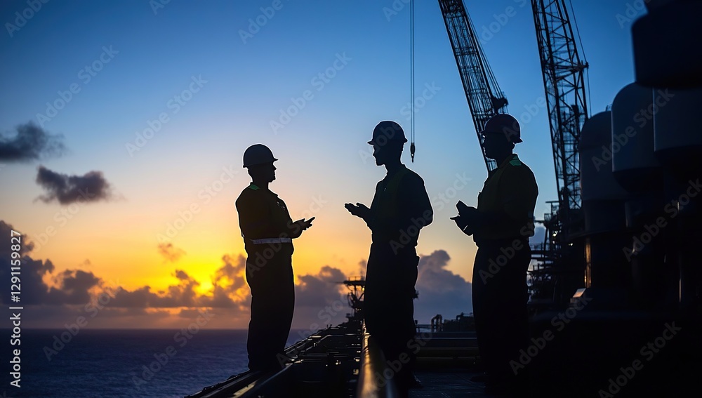 Fototapeta premium Offshore Workers Discuss Project Plans at Sunset, Reviewing Safety Procedures and Progress During Golden Hour