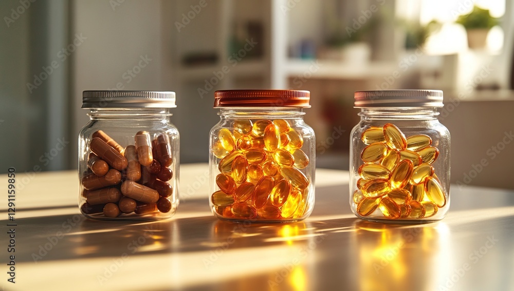 Healthy Supplements: Capsules and Softgels in Glass Jars, Vitamins for Wellness Healthy Supplements: Capsules and Softgels in Glass Jars, Vitamins for Wellness