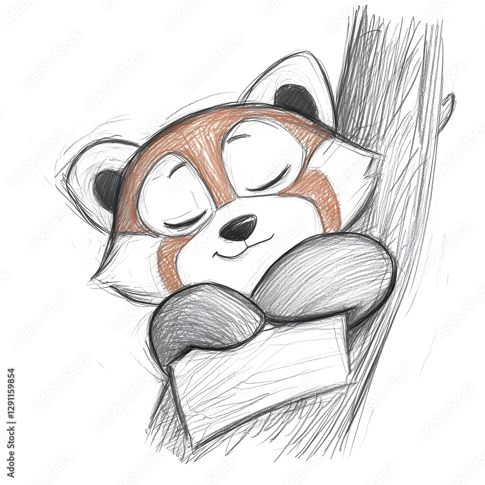 Sleeping Red Panda Curled Around Tree Branch in Soft Graphite Drawing Style Detailed of Endangered Mammal in Render