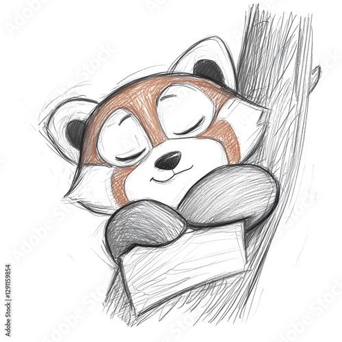 Obraz na płótnie Sleeping Red Panda Curled Around Tree Branch in Soft Graphite Drawing Style Detailed of Endangered Mammal in Render w salonie