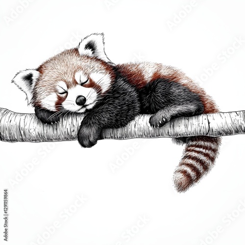 Obraz na płótnie Sleeping Red Panda Curled Around Tree Branch Rendered in a Soft Textured Graphite Drawing Style Peaceful and Cozy of an Adorable Endangered Animal in Its Natural Habitat w salonie