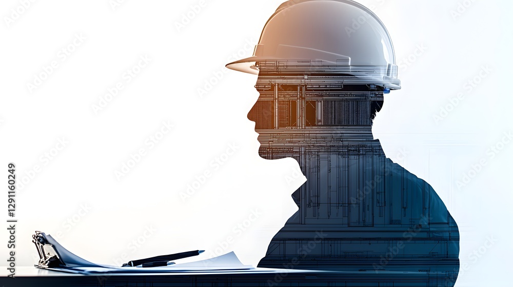 Structural Engineering Design Concept with Bold Vivid Color Contrasts and Double Exposure Silhouette on Drafting Table Focused Close up View of Technical Plans and Blueprints