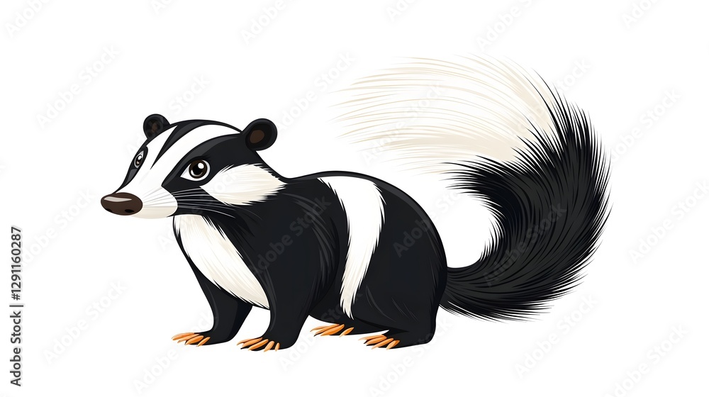 Stylized skunk with a defensive posture and its fur highlighted in a fine line etching technique against a plain white background This graphic design can be used as an icon symbol logo or mascot
