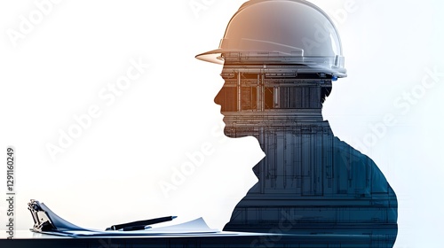 Obraz na płótnie Structural Engineering Design Concept with Bold Vivid Color Contrasts and Double Exposure Silhouette on Drafting Table Focused Close up View of Technical Plans and Blueprints w salonie