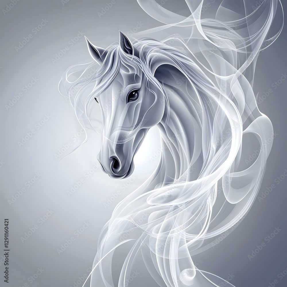 Surreal and ethereal of a horse dissolving into wispy tendrils of smoke captured in an abstract ink wash painting style with smooth monochrome gradients blending seamlessly to create a dreamlike
