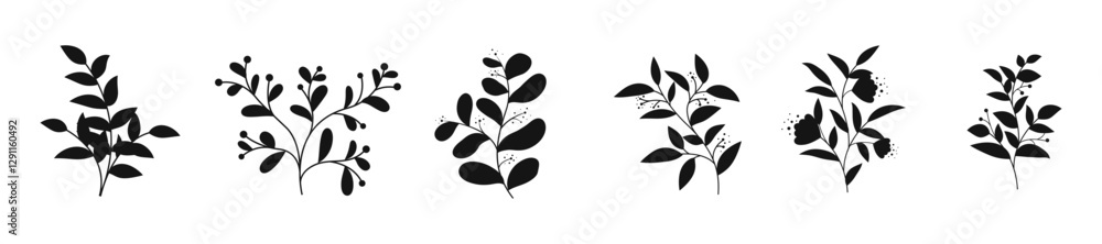 Obraz premium Silhouette Botanical Branches with Leaves and Berries Vector Set