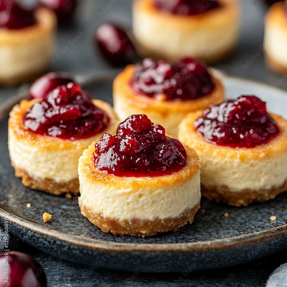 Delicious mini cheesecakes topped with red cherry jam on a plate Delicious mini cheesecakes topped with red cherry jam on a plate