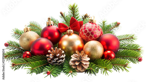 Christmas decoration with red balls, A bunch of red and gold Christmas ornaments are arranged on a green leaf.