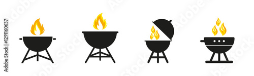Barbecue Grill Vector Icons with Flames