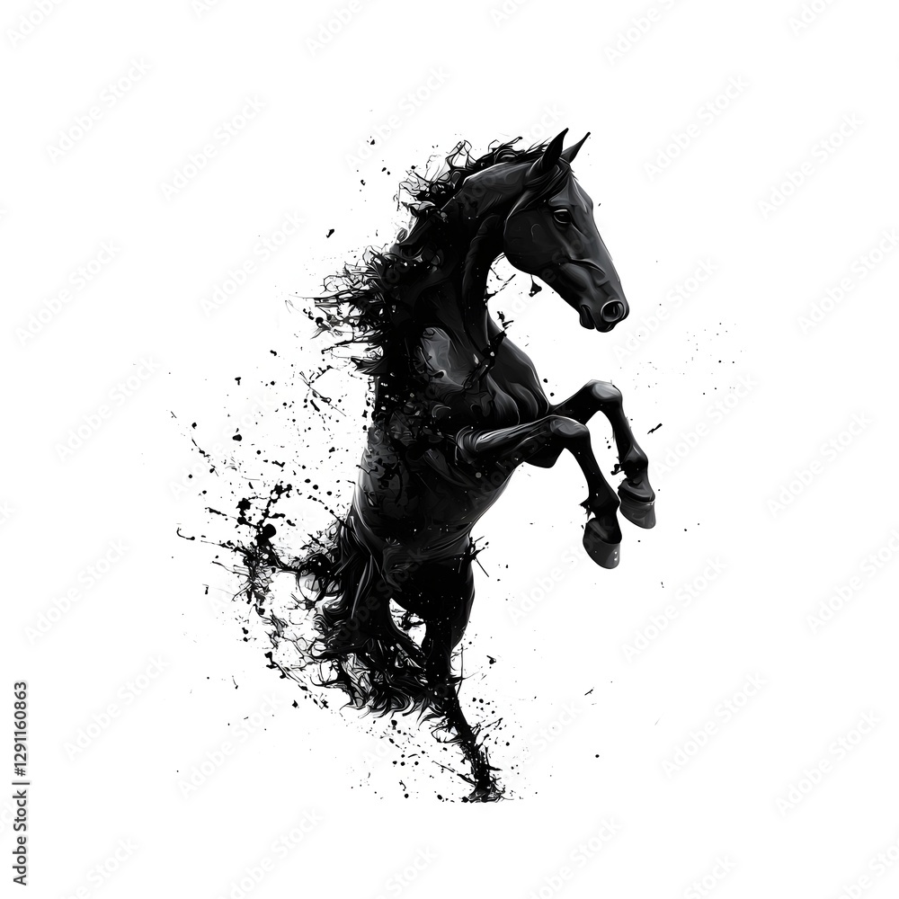 This striking black and white captures the dynamic movement and energy of a wild mustang in full gallop Bold expressive ink strokes create an abstract